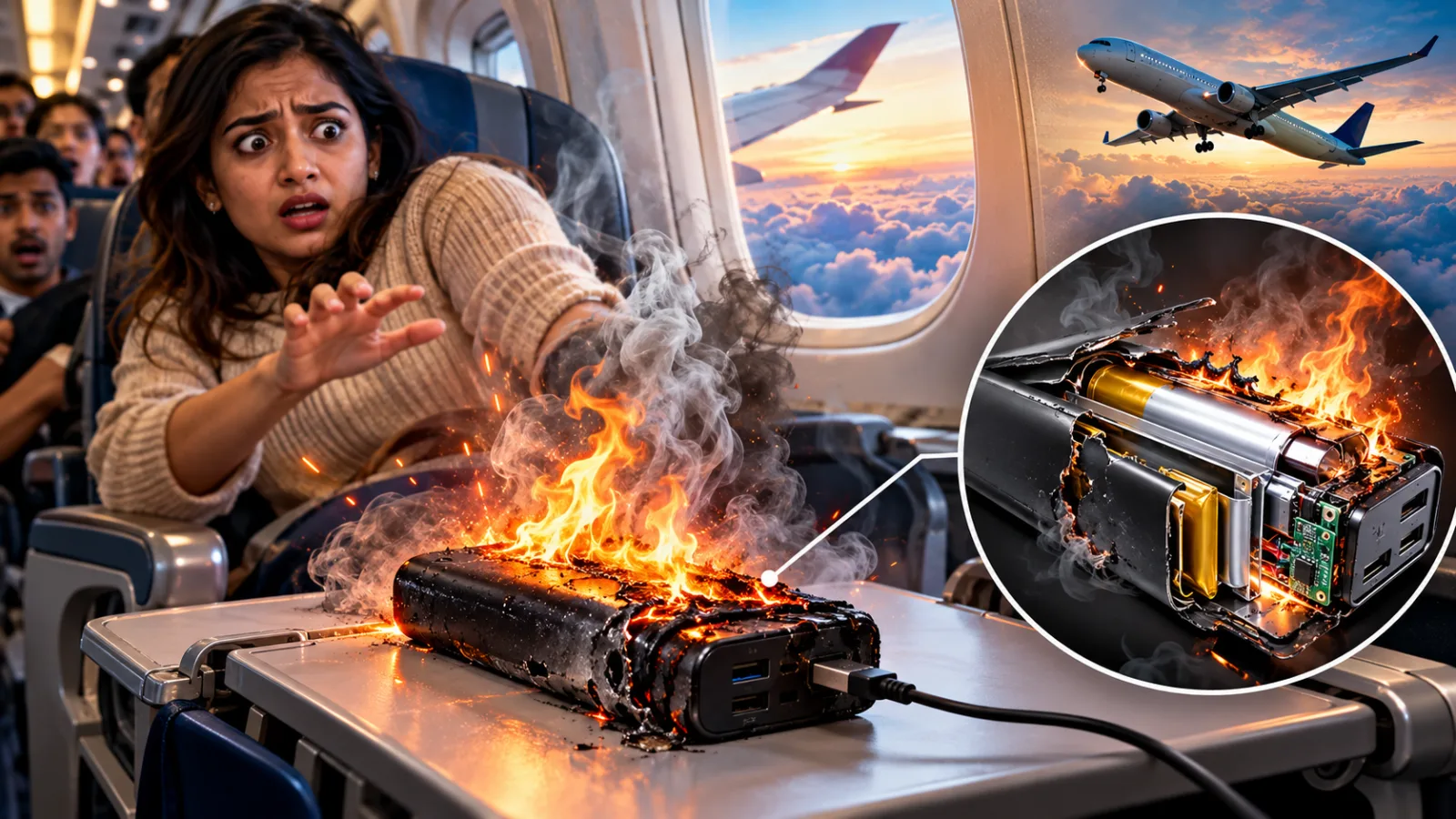 Power bank battery fire risk during air travel, highlighting the dangers of overheating and lithium-ion battery failure.