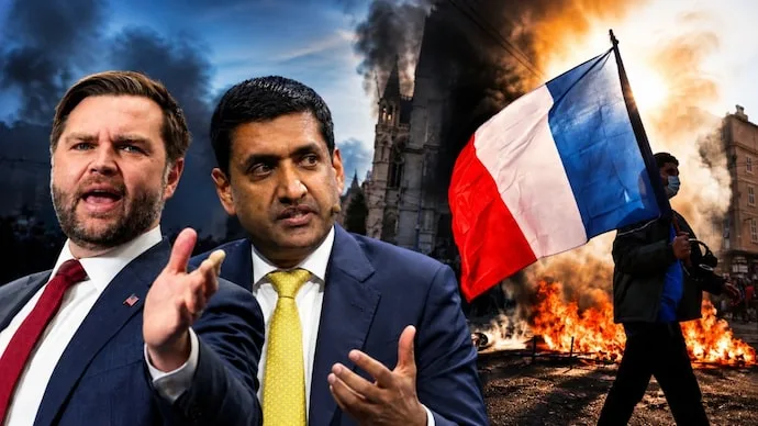 Composite illustration representing the political debate between JD Vance and Ro Khanna over unrest in France
