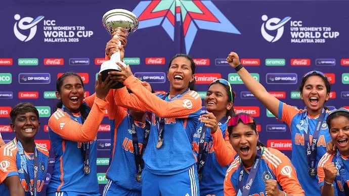 India U19 women's cricket team led by Niki Prasad celebrates winning the Women's T20 World Cup in 2025.