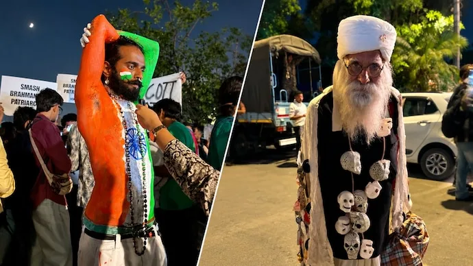 Protesters carrying the Indian Tricolour during the Cockroach Janta Party march at Connaught Place in New Delhi.