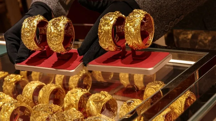 Gold jewellery displayed as Indian buyers consider purchasing gold ahead of Karwa Chauth, Diwali and the wedding season.