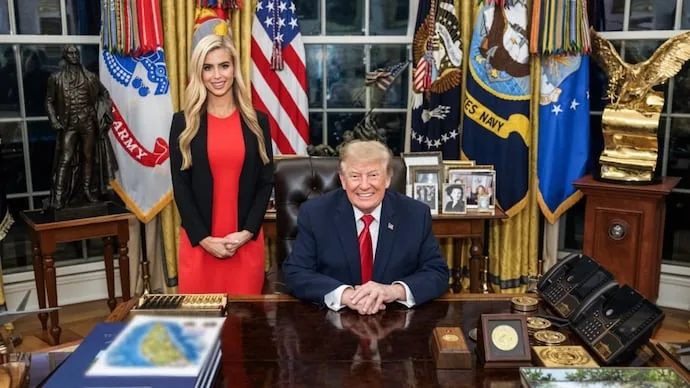 Katie Zacharia poses with US President Donald Trump after leaving her White House press secretary position.