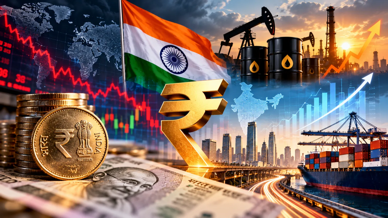 Illustration representing India’s economic challenges, including currency volatility, global oil prices, agricultural risks and economic reforms.