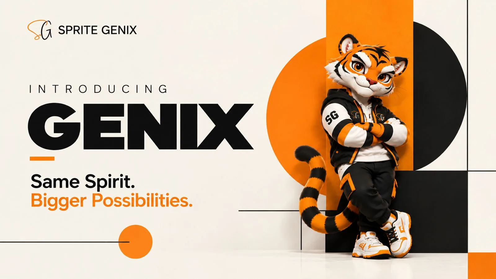 Genix, the robotic tiger mascot of Sprite Genix, featuring futuristic details and the brand’s orange, black and white colours