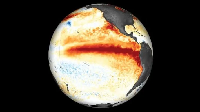 Satellite and ocean observations illustrate intense El Nino warming across the Pacific Ocean and unusually high sea temperature anomalies.