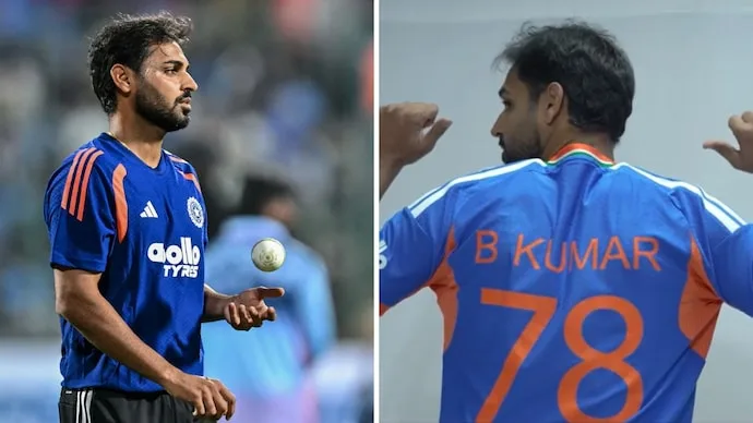 Indian fast bowler Bhuvneshwar Kumar discussing his new jersey number and the evolution of T20 cricket.