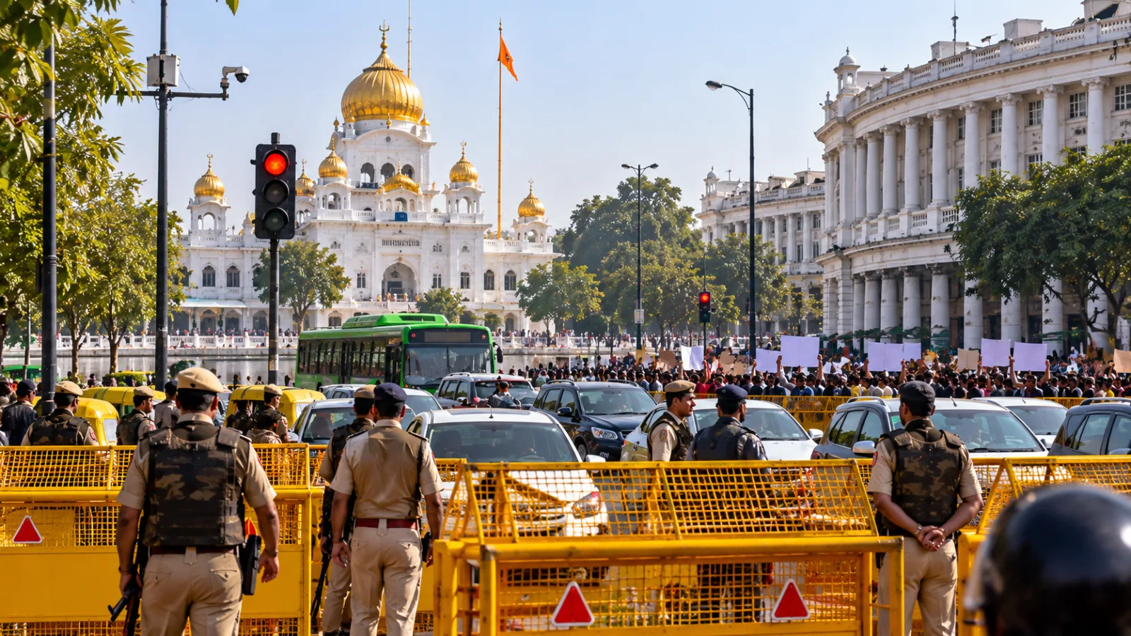 Delhi Police personnel managing traffic and security near Connaught Place during a planned protest in New Delhi.