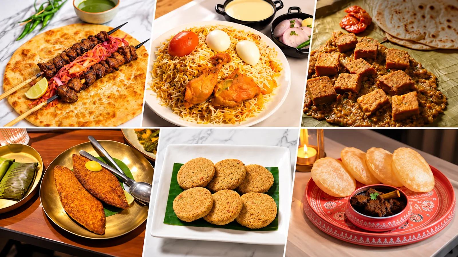 Traditional Bengali food spread featuring festive dishes served during Durga Puja.